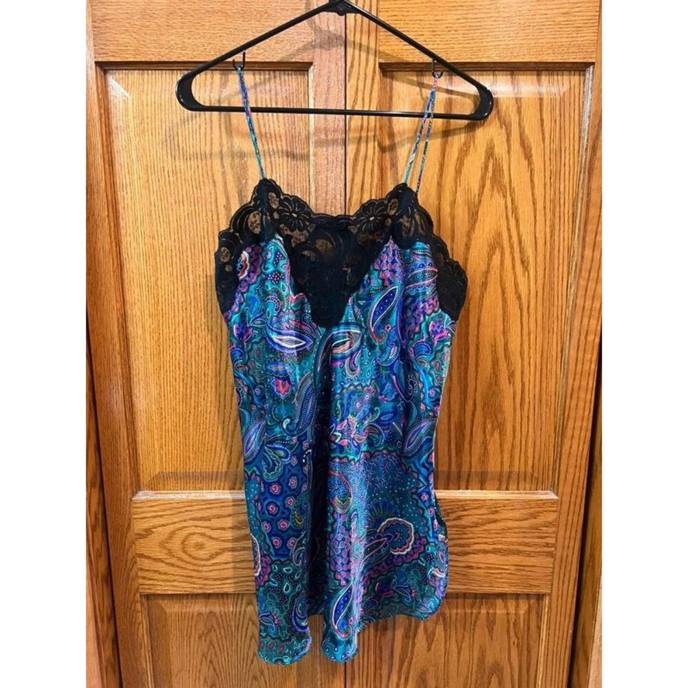 Vintage California Dynasty Satin Chemise Nightgown M Paisley Black Lace Y2K